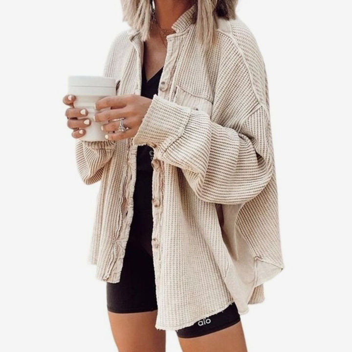 Women's Oversized Knit Cardigan Button-Down Waffle Shacket