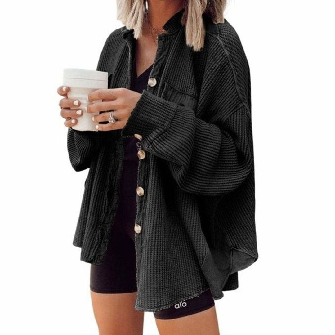 Women's Oversized Knit Cardigan Button-Down Waffle Shacket