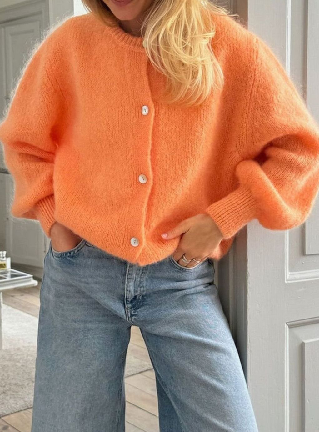 Women's Oversized Knit Cardigan Button-Up Fluffy Jumper