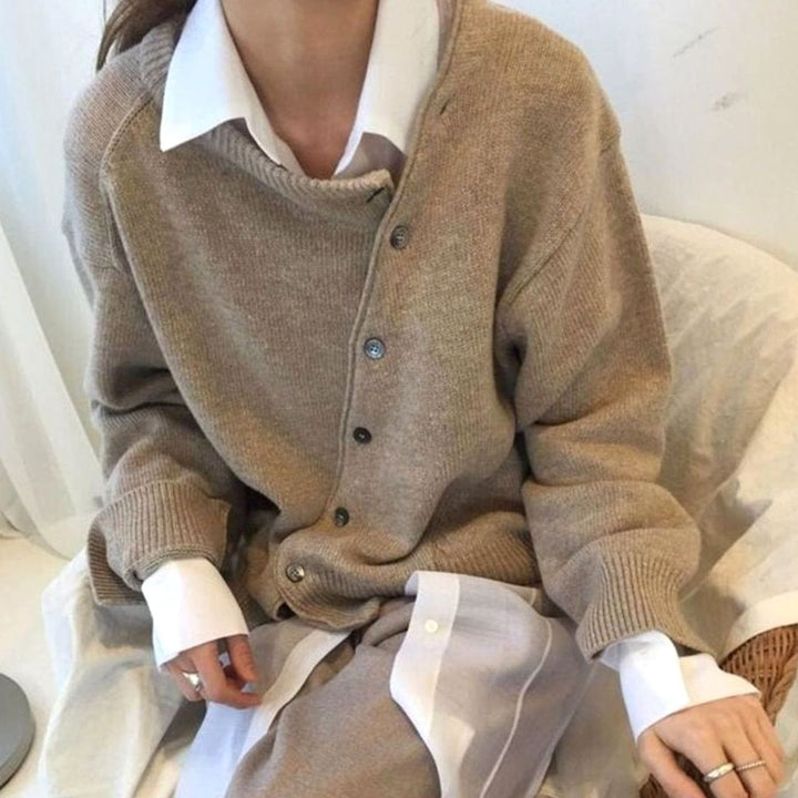 Women's Oversized Knit Cardigan Button-Up Layered Casual Jumper
