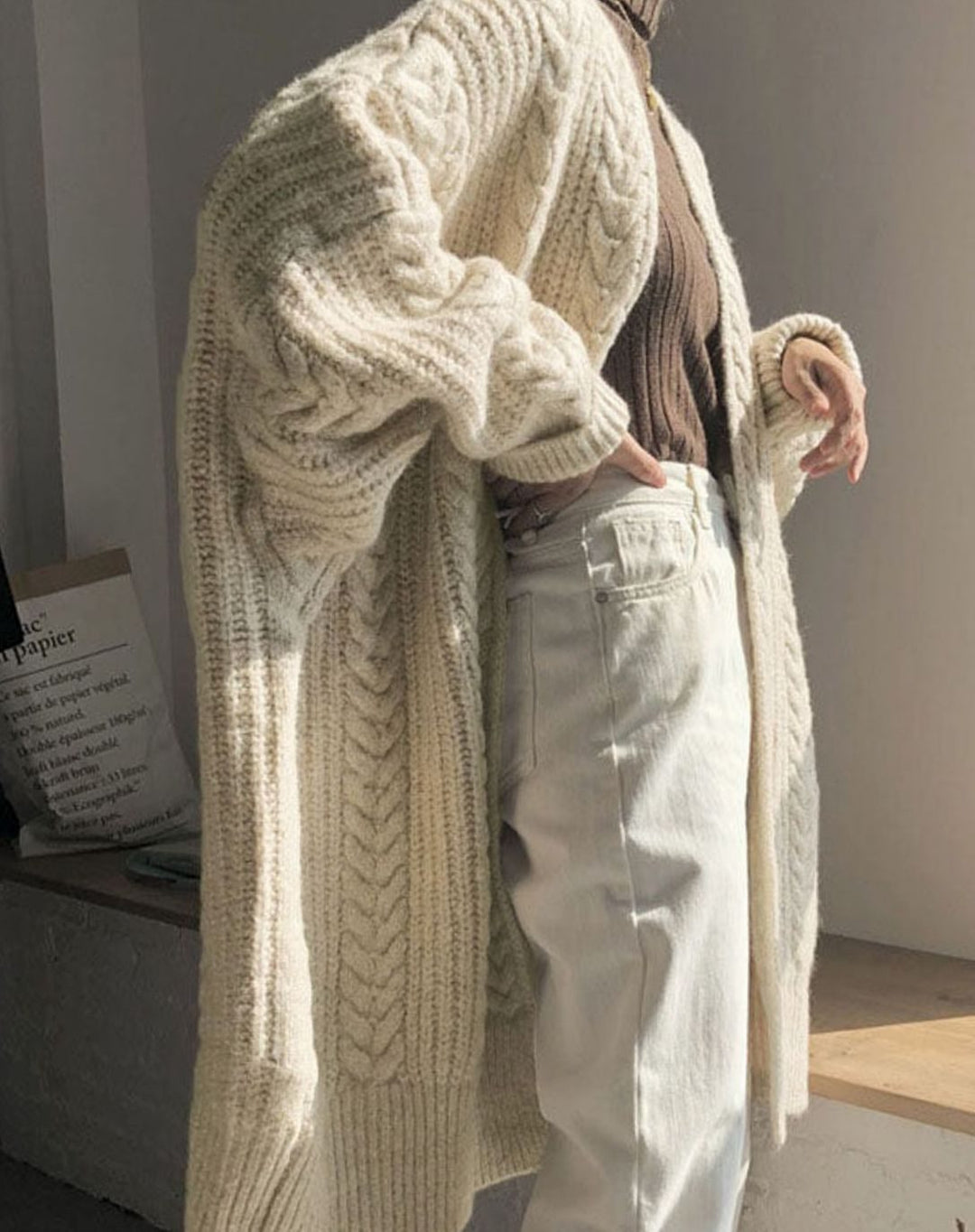 Women's Oversized Knit Cardigan Cable Twist Long Open Front