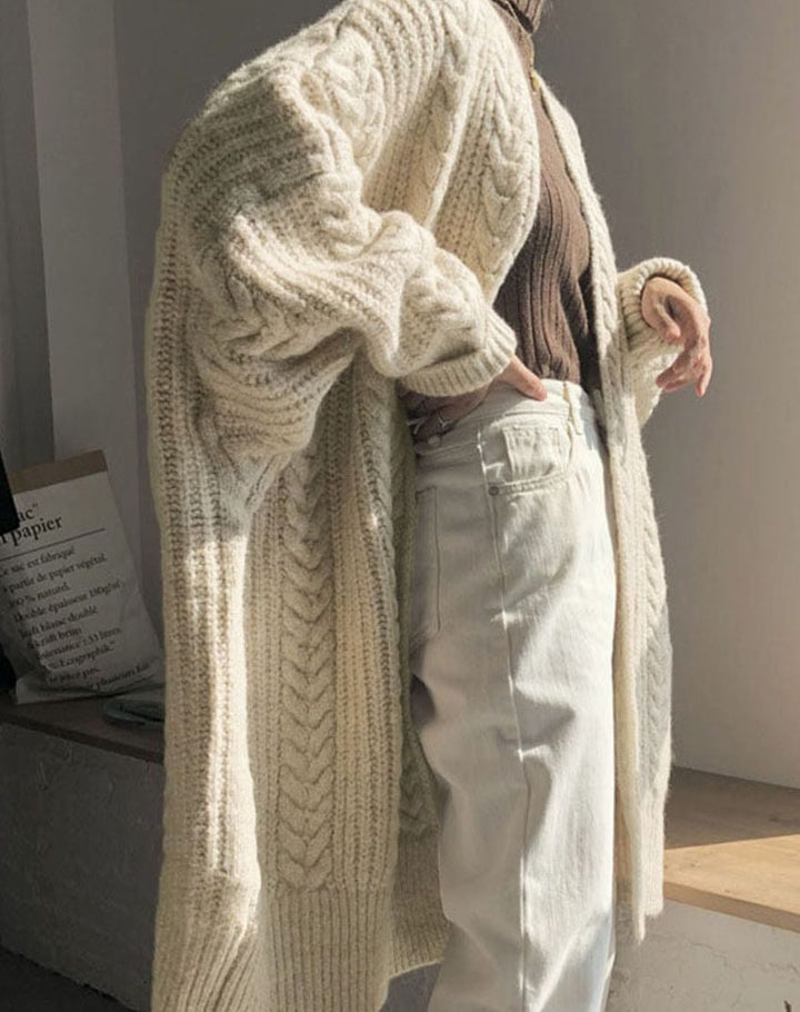 Women's Oversized Knit Cardigan Cable Twist Long Open Front
