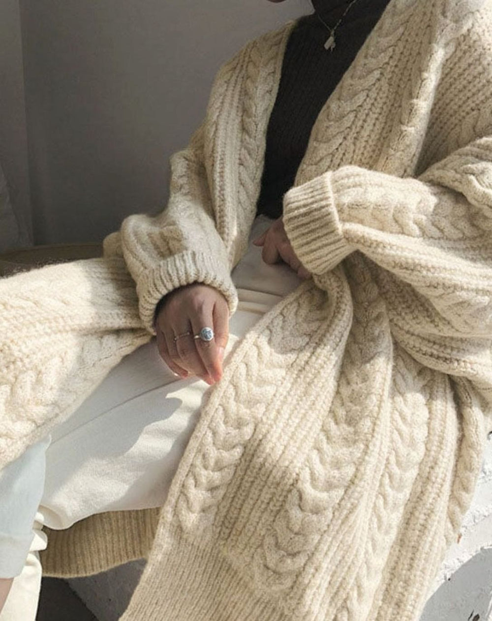 Women's Oversized Knit Cardigan Cable Twist Long Open Front