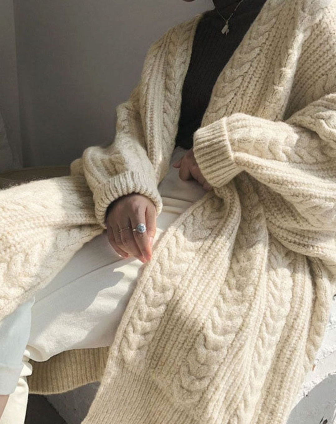 Women's Oversized Knit Cardigan Cable Twist Long Open Front