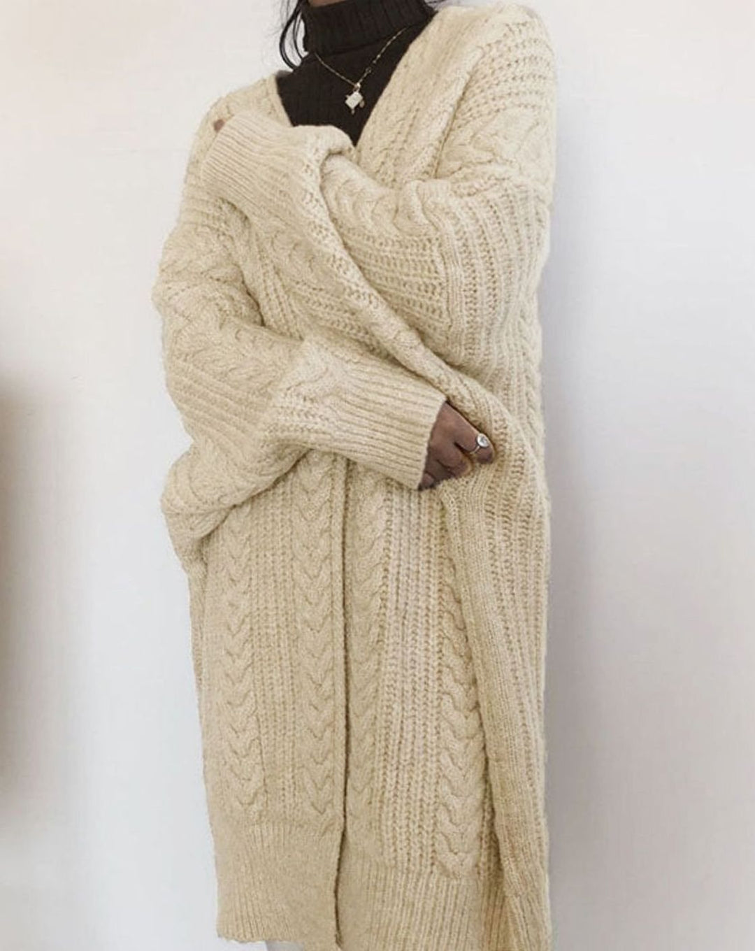 Women's Oversized Knit Cardigan Cable Twist Long Open Front