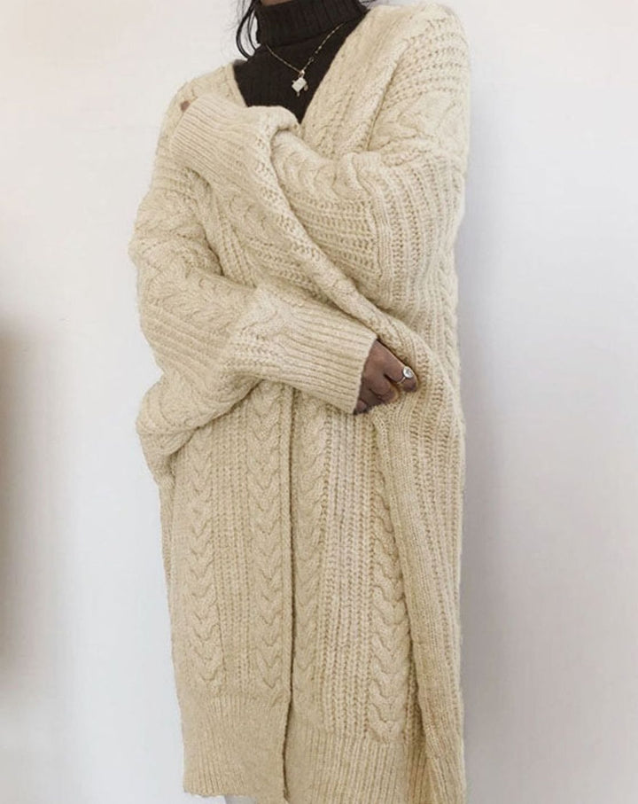 Women's Oversized Knit Cardigan Cable Twist Long Open Front