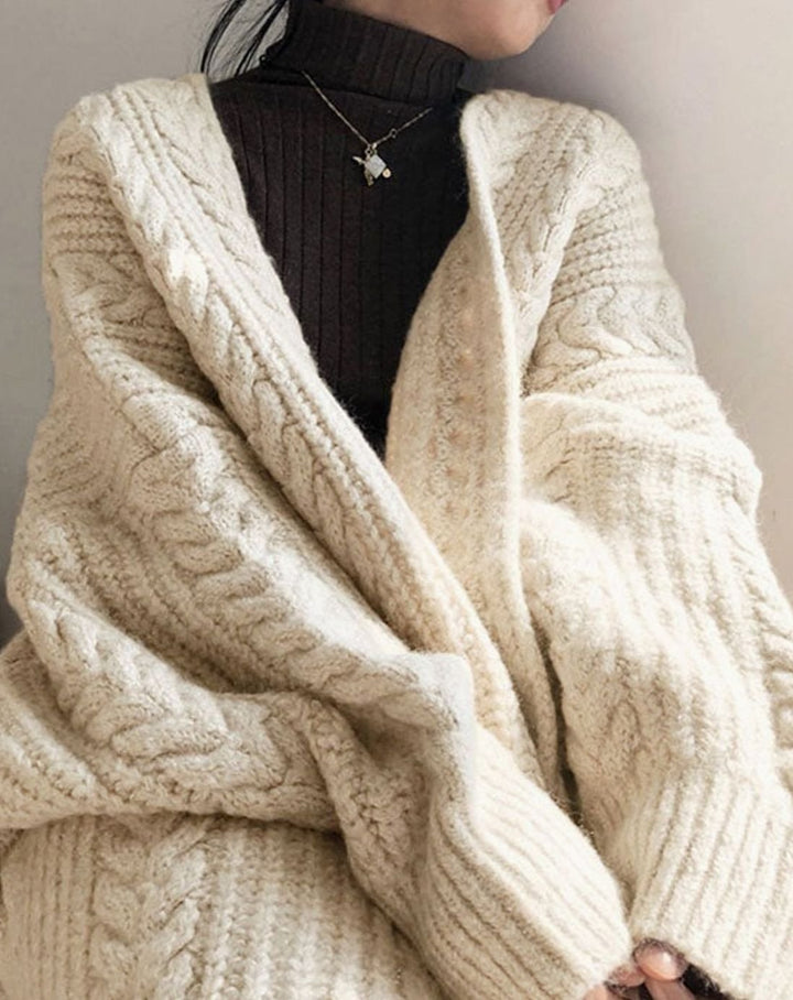 Women's Oversized Knit Cardigan Cable Twist Long Open Front