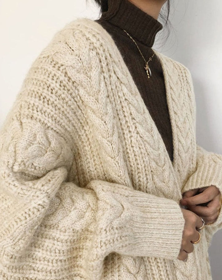 Women's Oversized Knit Cardigan Cable Twist Long Open Front