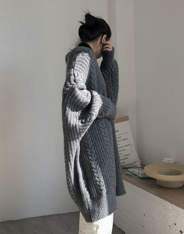 Women's Oversized Knit Cardigan Cable Twist Long Open Front