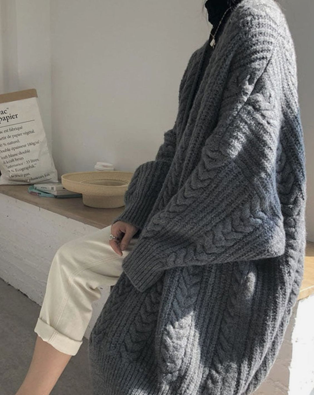 Women's Oversized Knit Cardigan Cable Twist Long Open Front