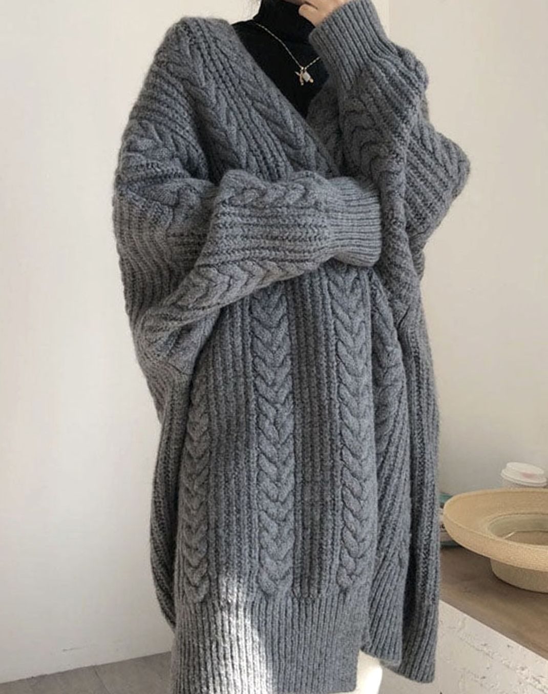 Women's Oversized Knit Cardigan Cable Twist Long Open Front