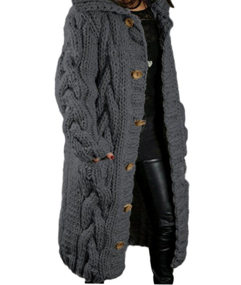 Women's Oversized Knit Cardigan Chunky Cable-Knit Hooded Button-Up