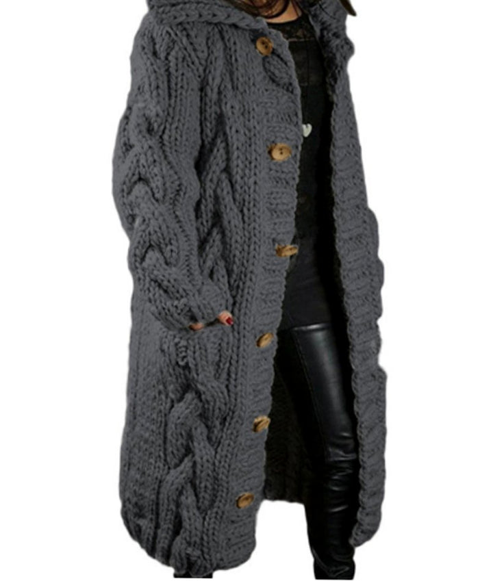 Women's Oversized Knit Cardigan Chunky Cable-Knit Hooded Button-Up