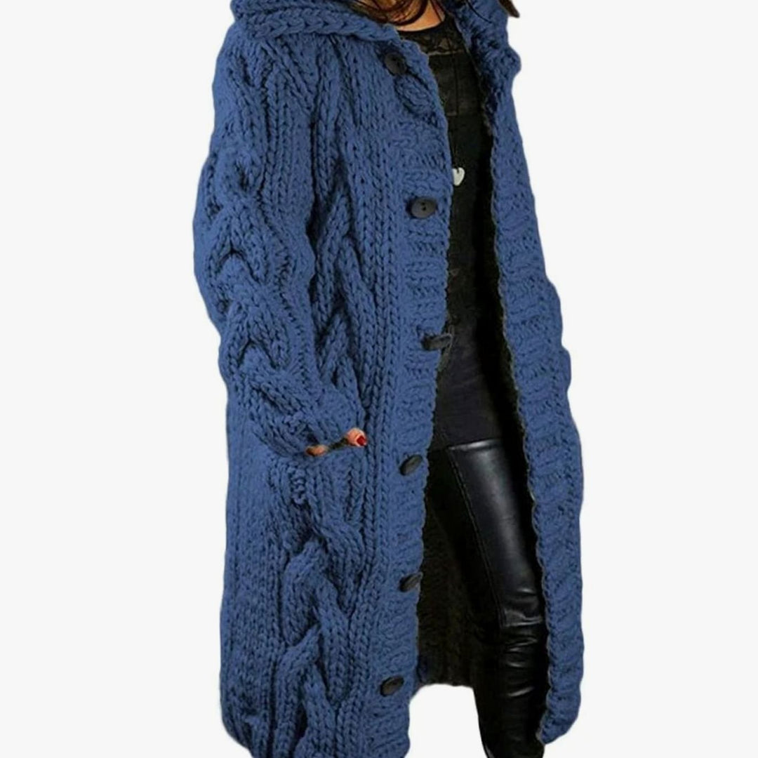 Women's Oversized Knit Cardigan Chunky Cable-Knit Hooded Button-Up