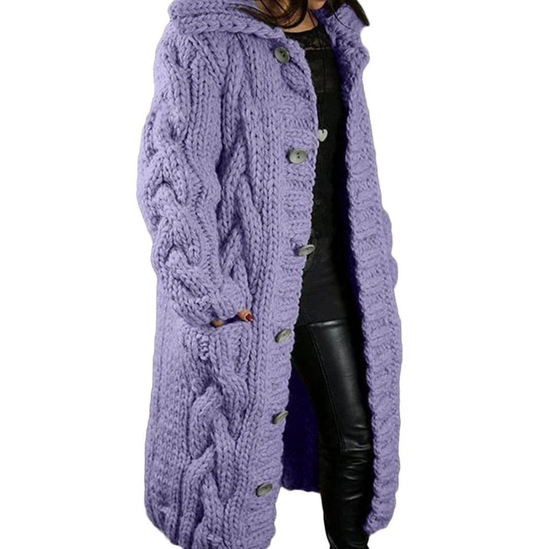 Women's Oversized Knit Cardigan Chunky Cable-Knit Hooded Button-Up