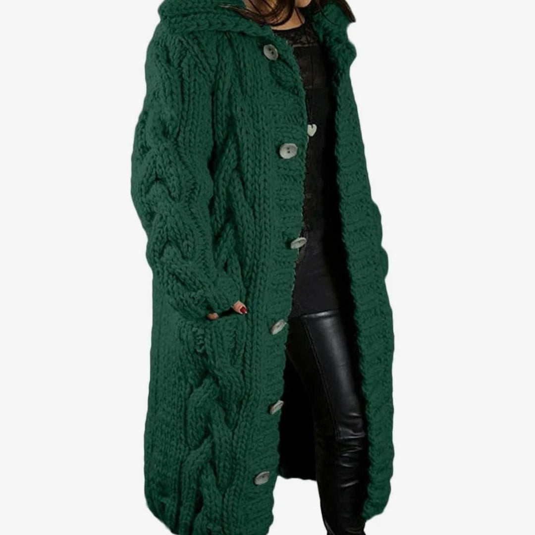 Women's Oversized Knit Cardigan Chunky Cable-Knit Hooded Button-Up