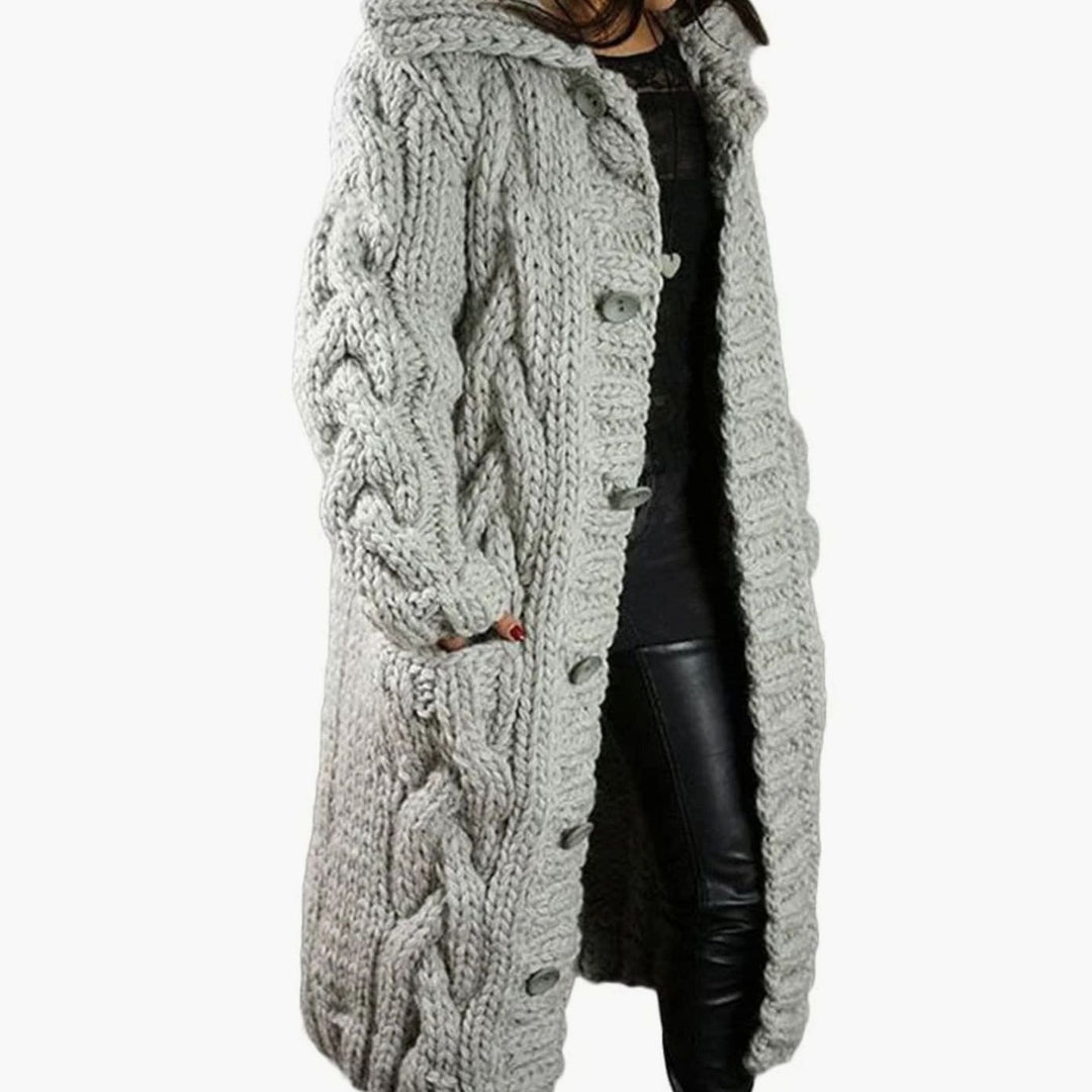 Women's Oversized Knit Cardigan Chunky Cable-Knit Hooded Button-Up