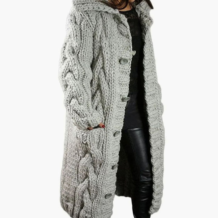 Women's Oversized Knit Cardigan Chunky Cable-Knit Hooded Button-Up