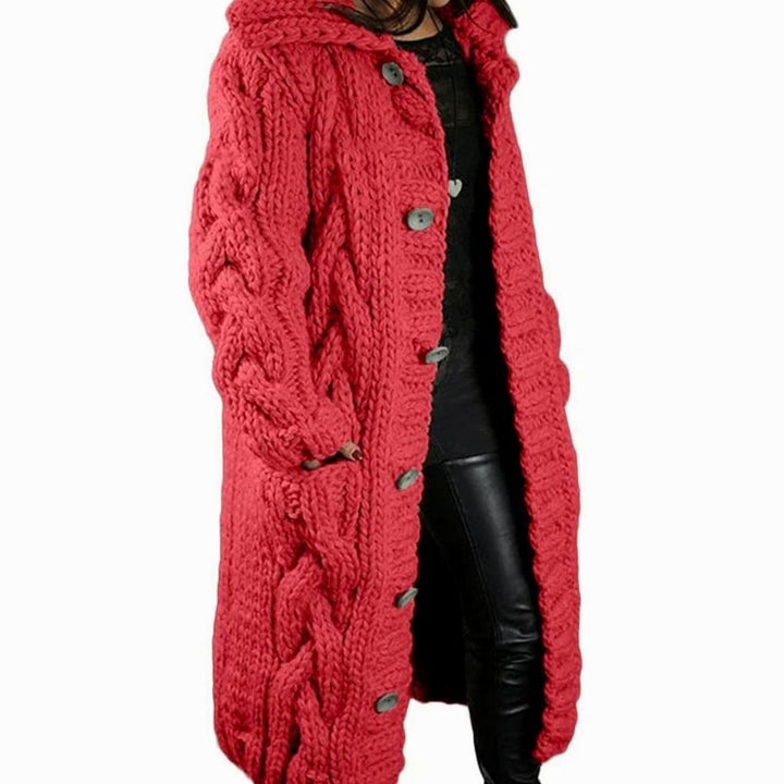 Women's Oversized Knit Cardigan Chunky Cable-Knit Hooded Button-Up