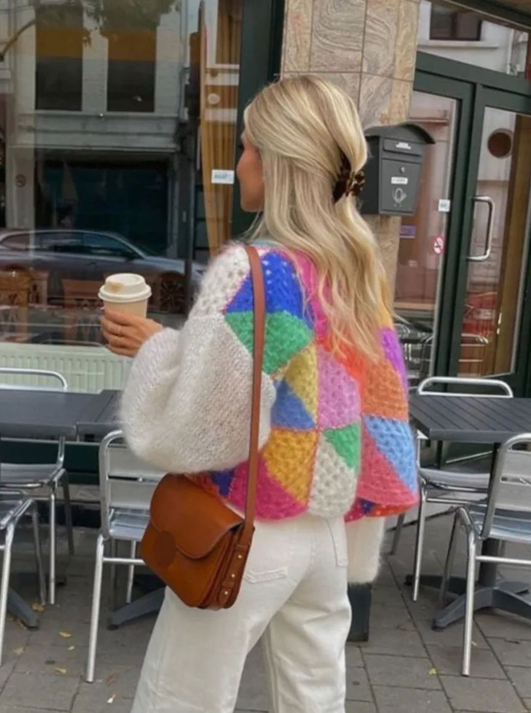Women's Oversized Knit Cardigan Colourblock Puff Sleeve Open Front