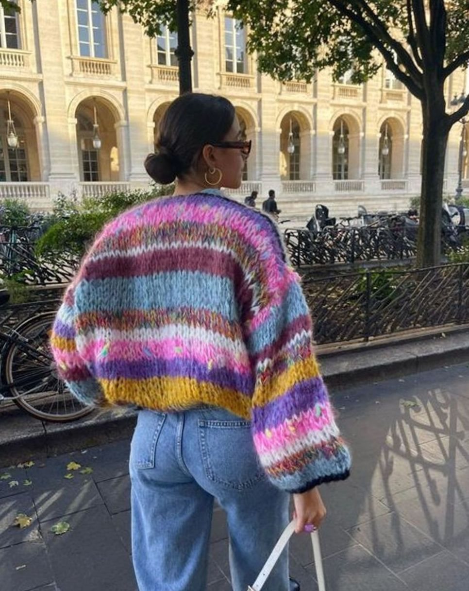 Women's Oversized Knit Cardigan Colourblock Puff Sleeve Open Front