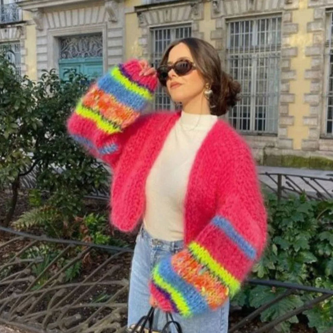 Women's Oversized Knit Cardigan Colourblock Puff Sleeve Open Front