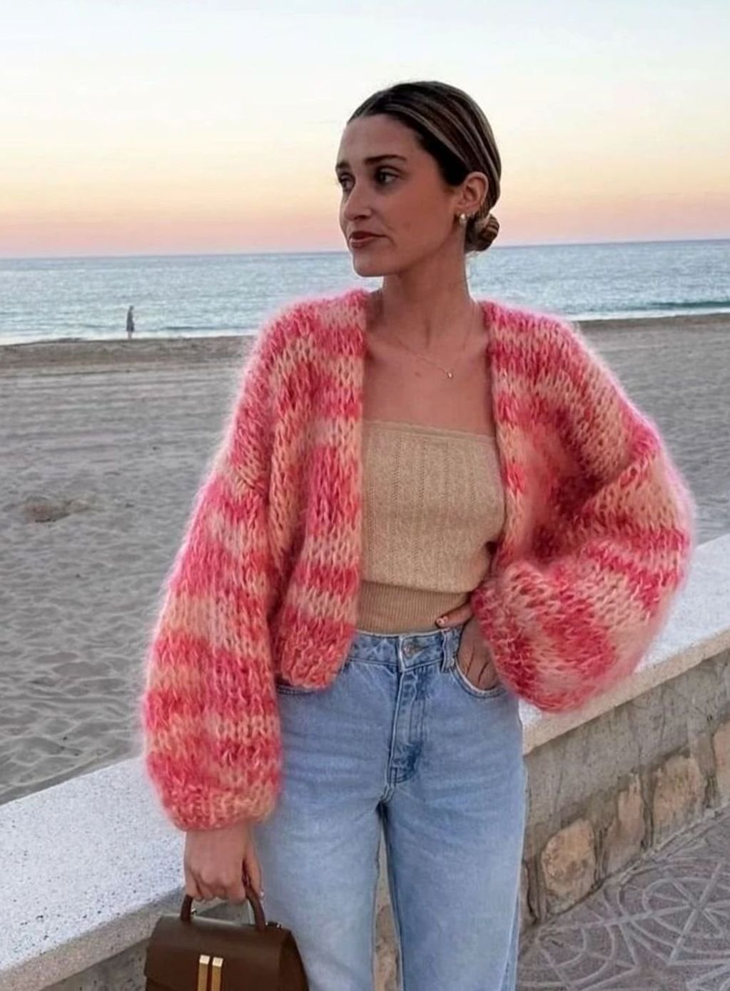 Women's Oversized Knit Cardigan Colourblock Puff Sleeve Open Front