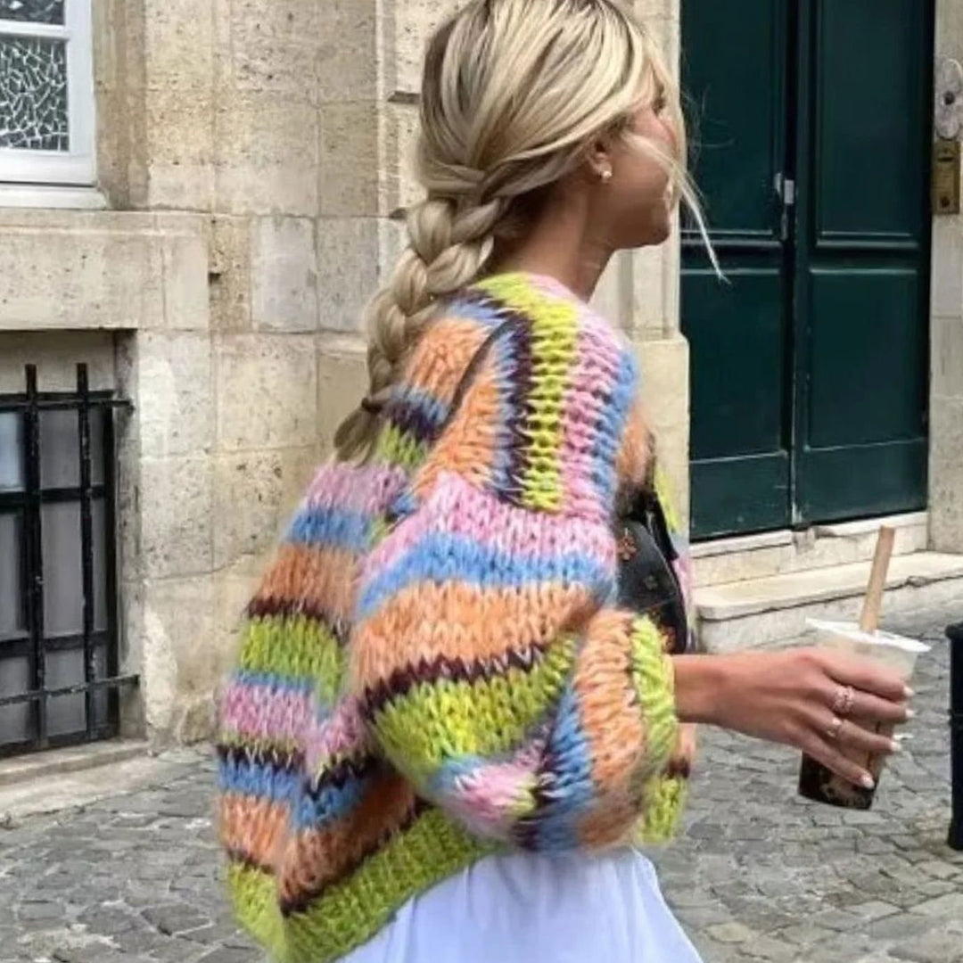 Women's Oversized Knit Cardigan Colourblock Puff Sleeve Open Front