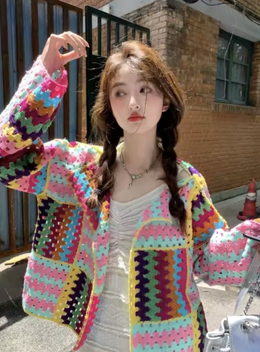 Women's Oversized Knit Cardigan Colourblock Puff Sleeve Open Front