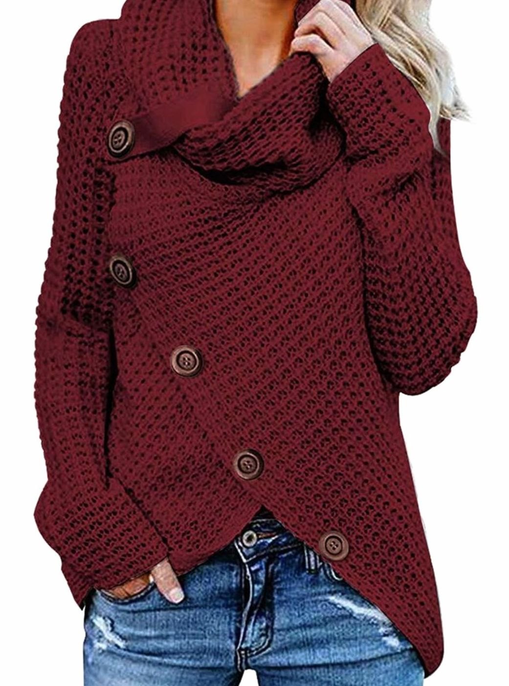 Women's Oversized Knit Cardigan Cowl Neck Button Wrap Jumper