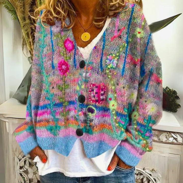 Women's Oversized Knit Cardigan Floral Embroidered Button-Front