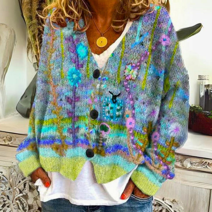 Women's Oversized Knit Cardigan Floral Embroidered Button-Front