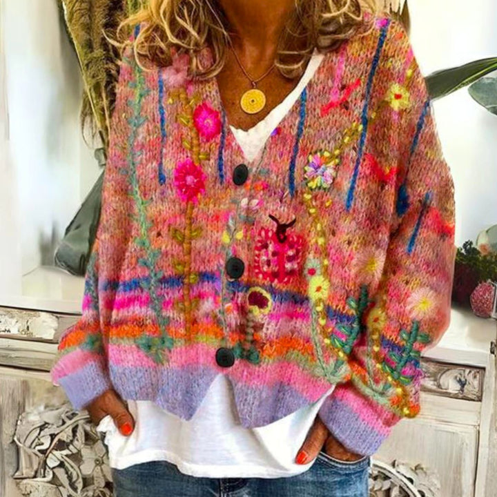 Women's Oversized Knit Cardigan Floral Embroidered Button-Front