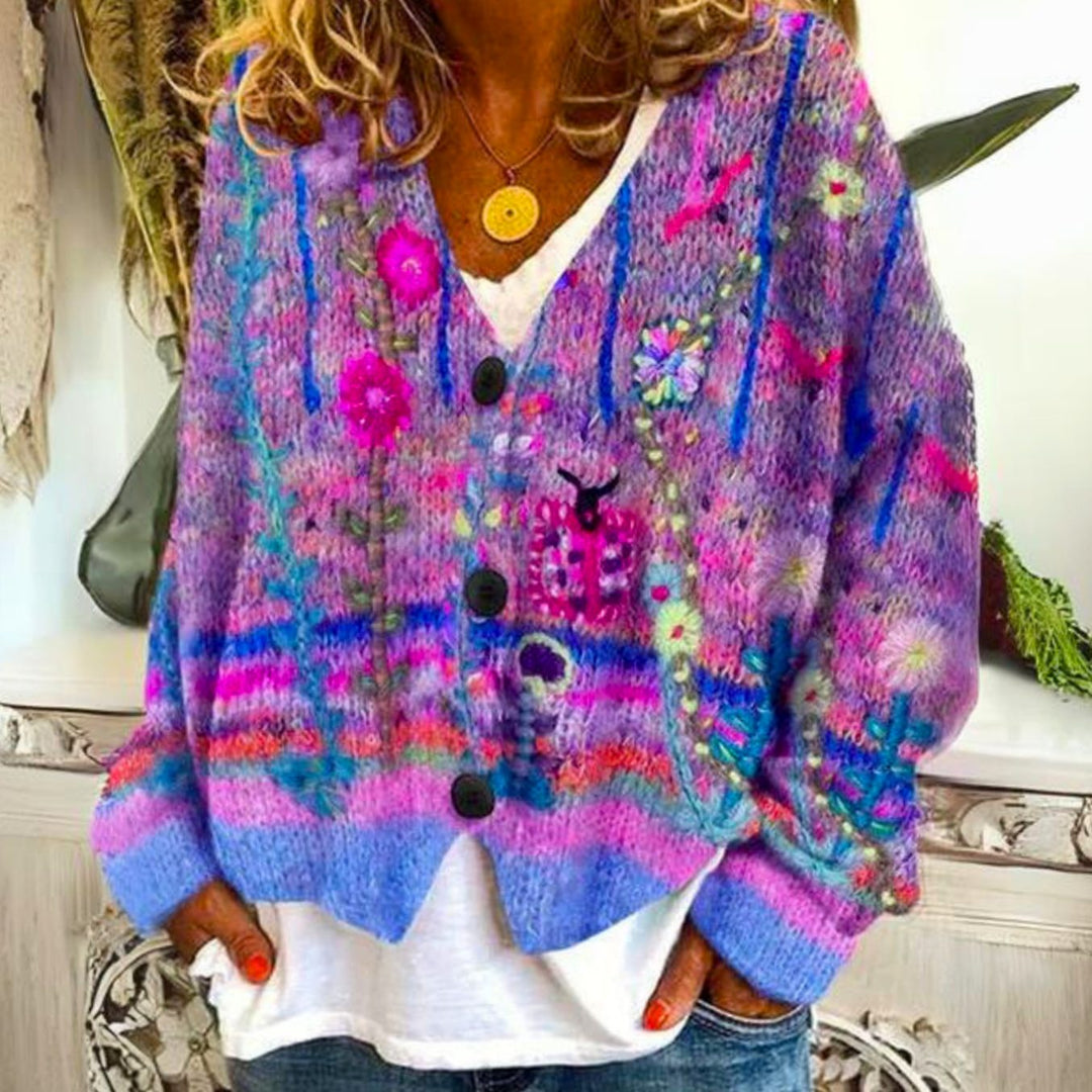 Women's Oversized Knit Cardigan Floral Embroidered Button-Front