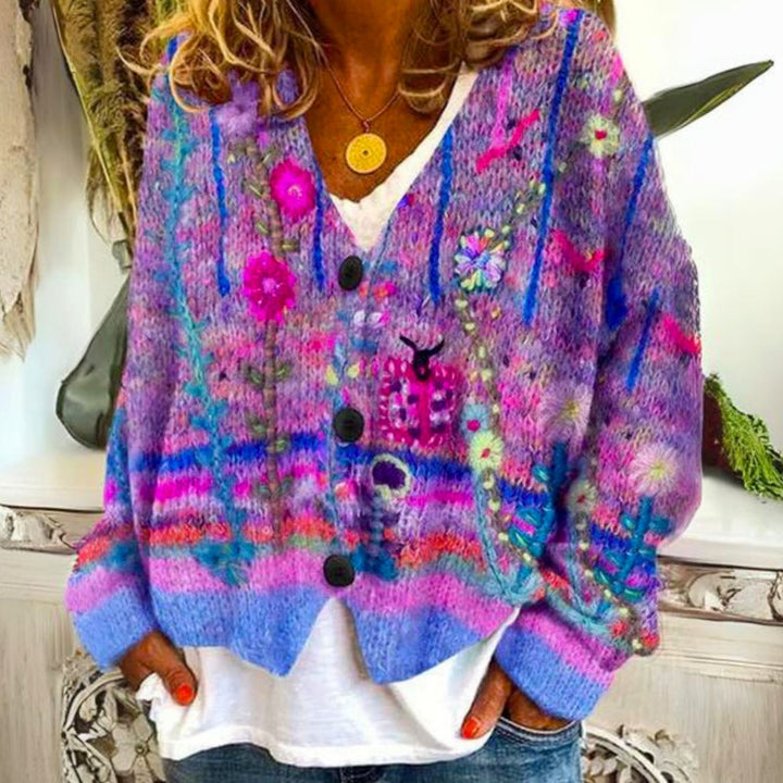 Women's Oversized Knit Cardigan Floral Embroidered Button-Front
