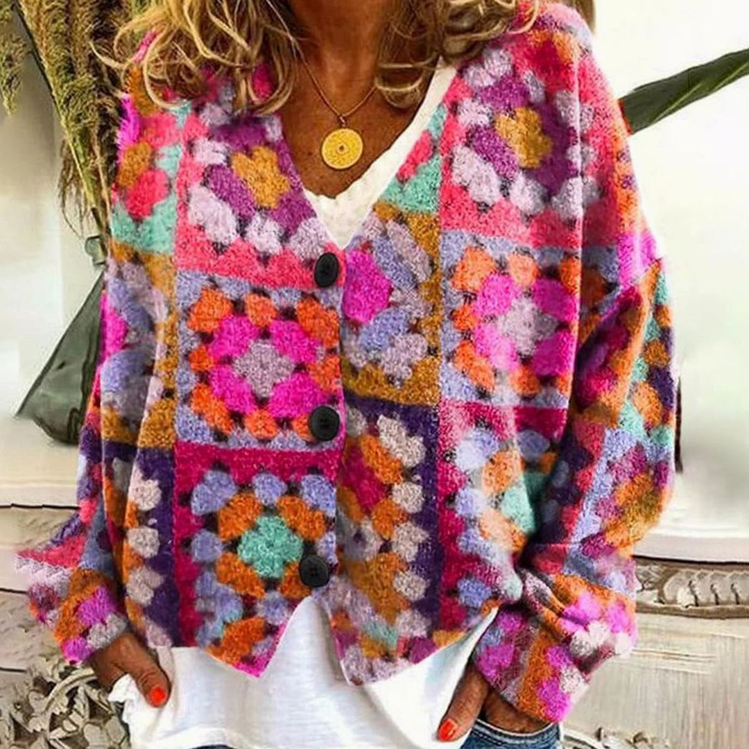 Women's Oversized Knit Cardigan Floral Granny Square Button-Up