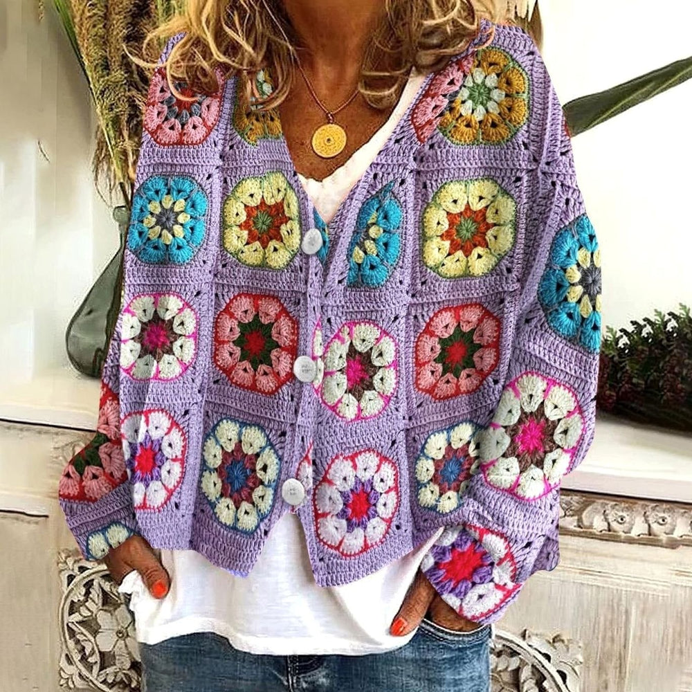 Women's Oversized Knit Cardigan Floral Granny Square Button-Up
