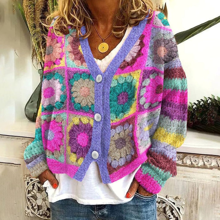 Women's Oversized Knit Cardigan Floral Granny Square Button-Up