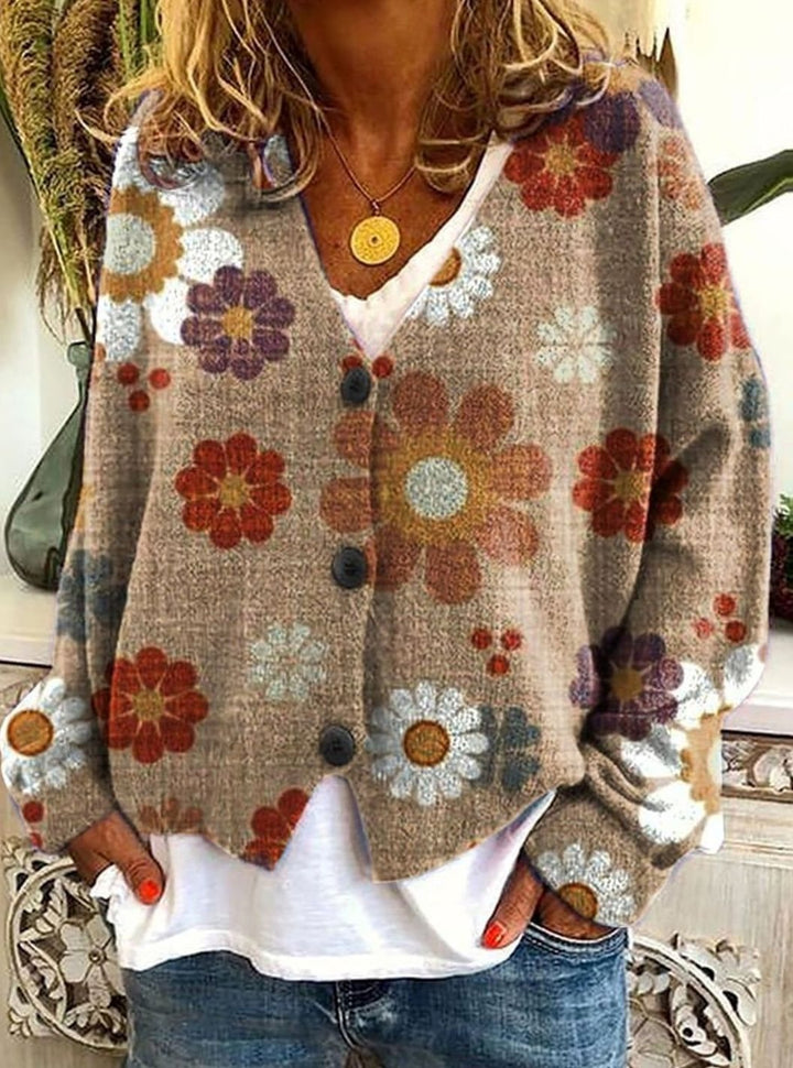 Women's Oversized Knit Cardigan Floral Granny Square Button-Up