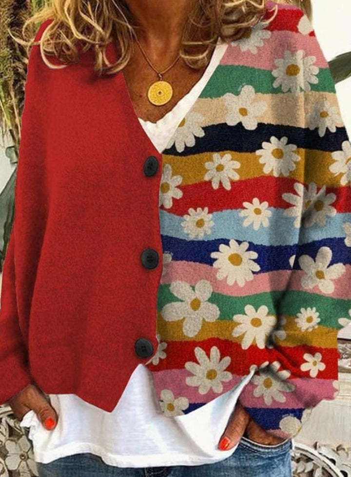 Women's Oversized Knit Cardigan Floral Granny Square Button-Up