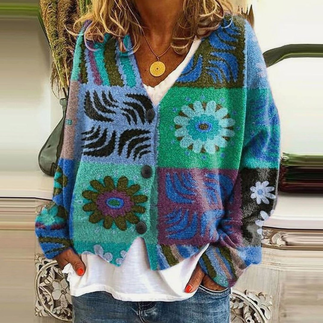 Women's Oversized Knit Cardigan Floral Granny Square Button-Up