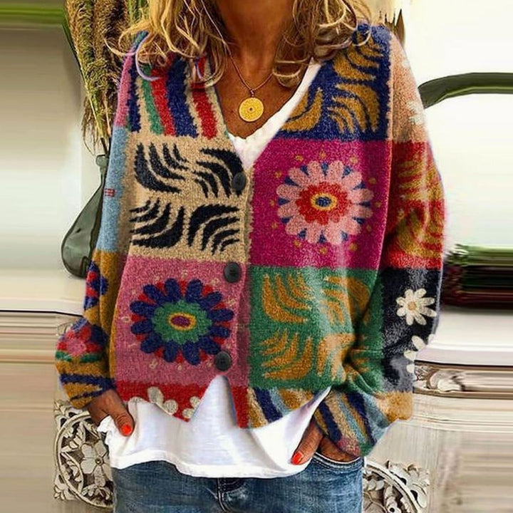 Women's Oversized Knit Cardigan Floral Granny Square Button-Up