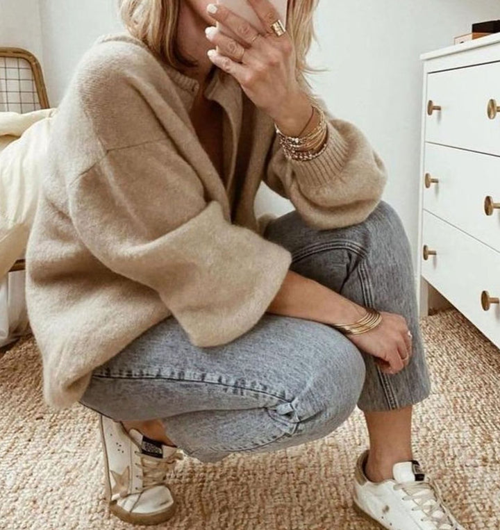 Women's Oversized Knit Cardigan Fluffy Button-Up Jumper