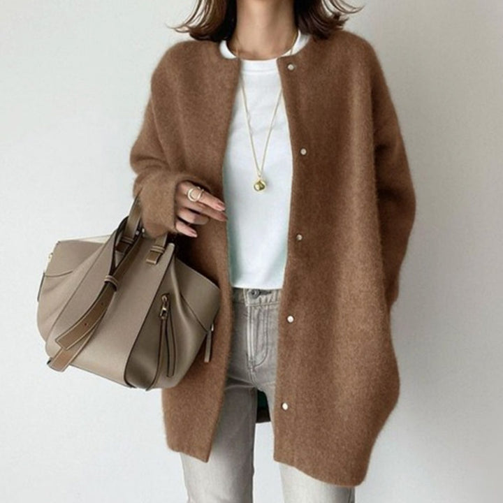 Women's Oversized Knit Cardigan Fluffy Button-Up Longline Jumper