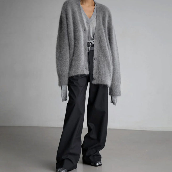 Women's Oversized Knit Cardigan Fluffy Button-Up Slouchy Jumper