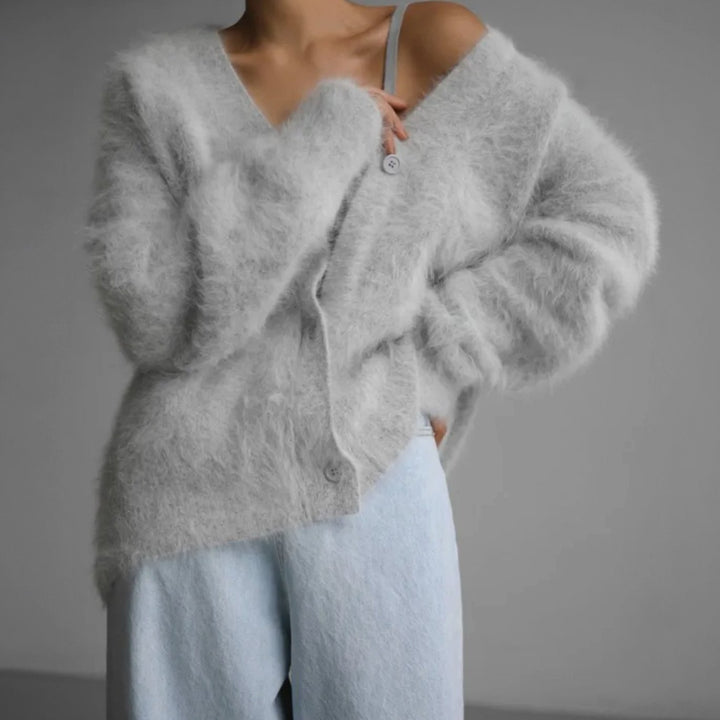 Women's Oversized Knit Cardigan Fluffy Button-Up Slouchy Jumper