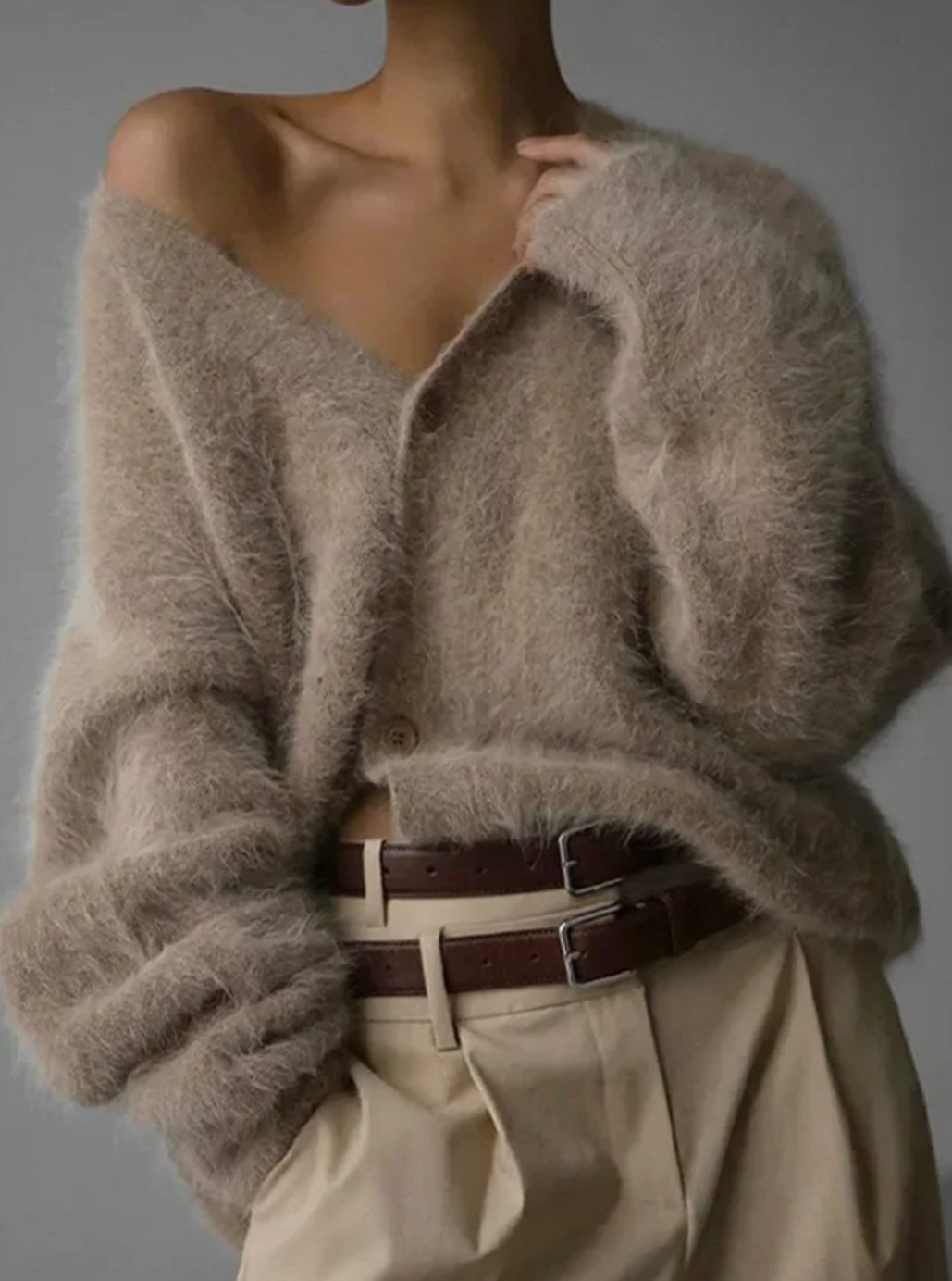 Women's Oversized Knit Cardigan Fluffy Button-Up V-Neck Jumper
