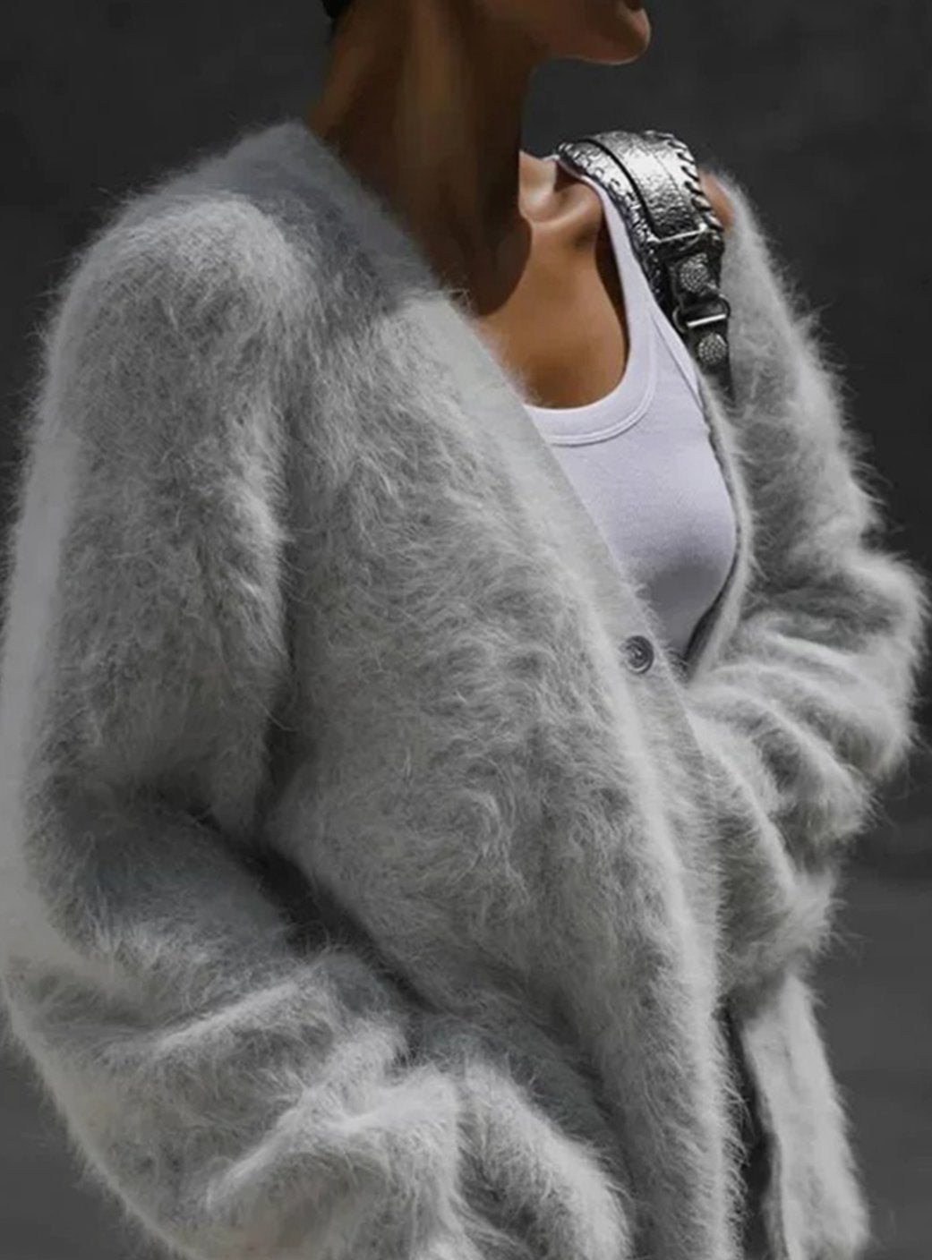 Women's Oversized Knit Cardigan Fluffy Button-Up V-Neck Jumper