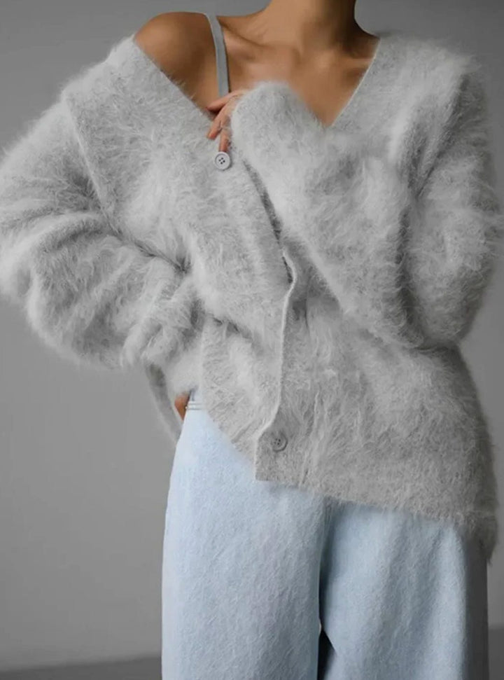 Women's Oversized Knit Cardigan Fluffy Button-Up V-Neck Jumper
