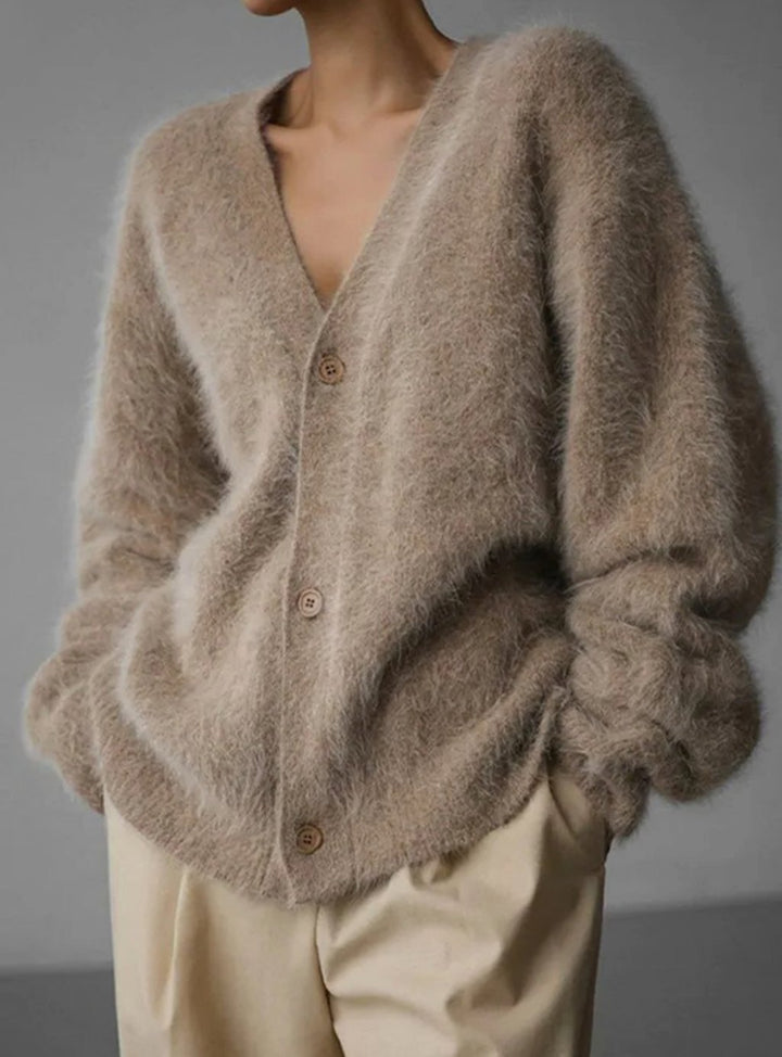 Women's Oversized Knit Cardigan Fluffy Button-Up V-Neck Jumper